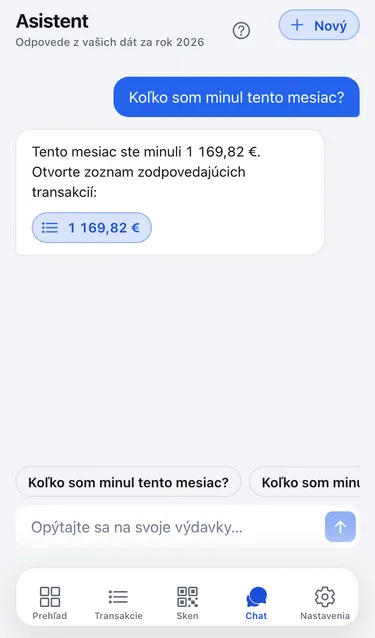 Asistent odpovedá na otázku Koľko som minul tento mesiac? vetou Tento mesiac ste minuli 1 169,82 € a odkazom na zoznam transakcií