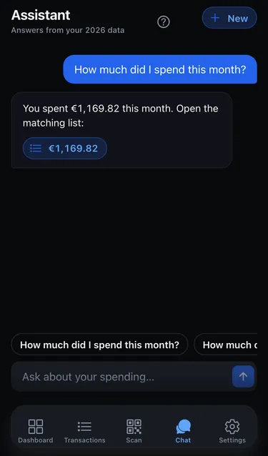 The assistant answering How much did I spend this month? with You spent €1,169.82 this month and a link to the matching list