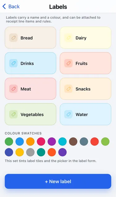 The Labels screen with coloured tiles for Bread, Dairy, Drinks, Fruits, Meat, Snacks, Vegetables and Water, and a New label button