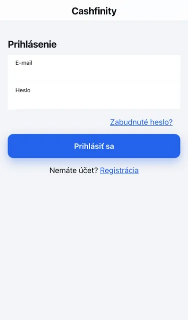 Obrazovka Prihlásenie s poľami E-mail a Heslo, odkazom Zabudnuté heslo? a tlačidlom Prihlásiť sa