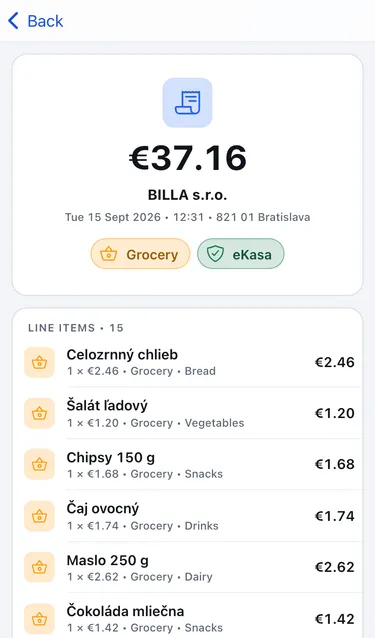 A BILLA receipt for €37.16 with the eKasa badge, the date and address, and the list of items with categories