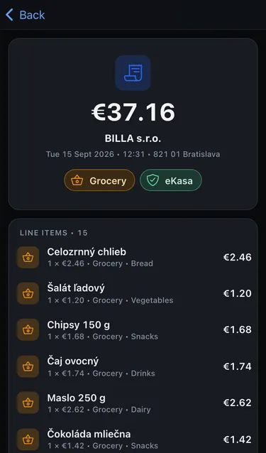A BILLA receipt for €37.16 with the eKasa badge, the date and address, and the list of items with categories
