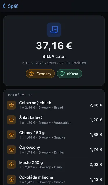 Bloček z BILLA na 37,16 € so štítkom eKasa, dátumom, adresou a zoznamom položiek s kategóriami