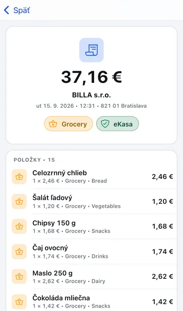 Bloček z BILLA na 37,16 € so štítkom eKasa, dátumom, adresou a zoznamom položiek s kategóriami