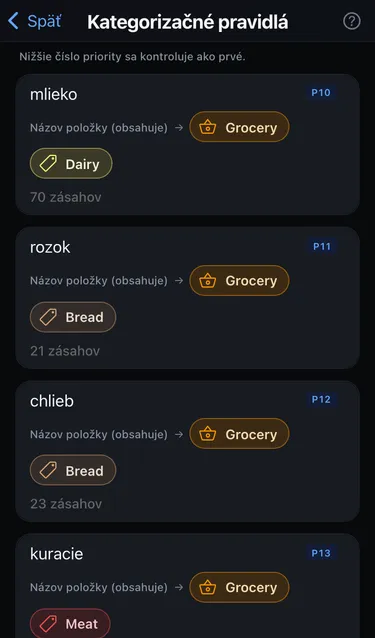 Obrazovka Kategorizačné pravidlá so zoznamom pravidiel, napríklad mlieko → Grocery so štítkom Dairy, s prioritami a počtom zásahov