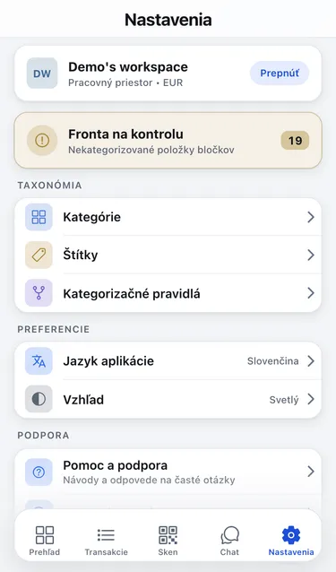 Obrazovka Nastavenia s kartou pracovného priestoru, Frontou na kontrolu a sekciami Taxonómia, Preferencie a Podpora