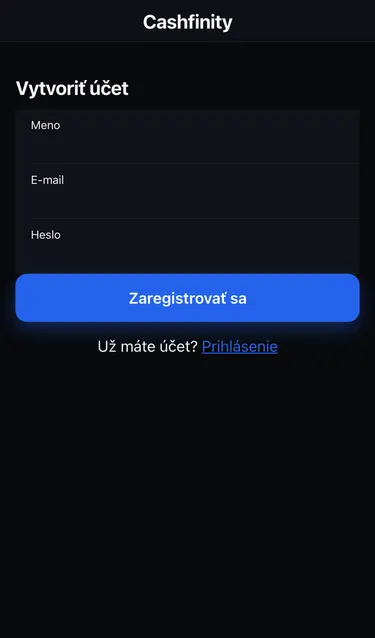 Obrazovka Vytvoriť účet s poľami Meno, E-mail a Heslo a tlačidlom Zaregistrovať sa