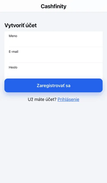 Obrazovka Vytvoriť účet s poľami Meno, E-mail a Heslo a tlačidlom Zaregistrovať sa