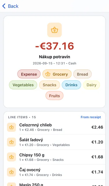 A grocery transaction of €37.16 with its categories and labels, and a list of line items marked From receipt