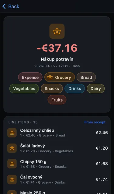 A grocery transaction of €37.16 with its categories and labels, and a list of line items marked From receipt