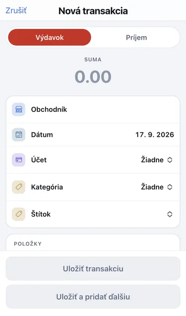 Formulár Nová transakcia so zvoleným Výdavkom, poľom pre sumu a riadkami Obchodník, Dátum, Účet, Kategória a Štítok