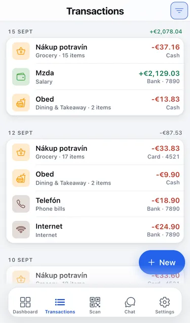 The Transactions list grouped by day, with a Filters button in the top-right corner