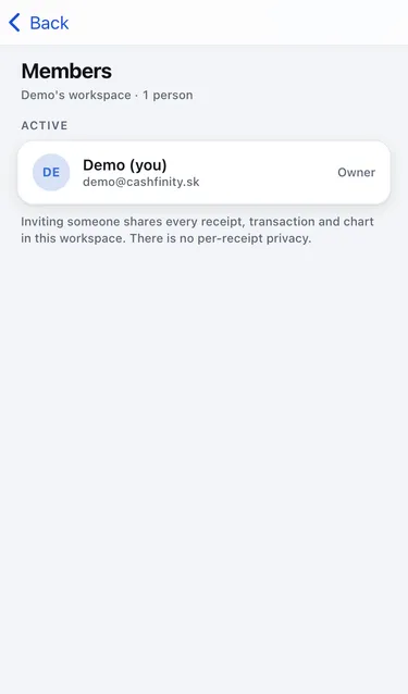 The Members screen listing one active member, the owner, with an explanation that invited people see every receipt